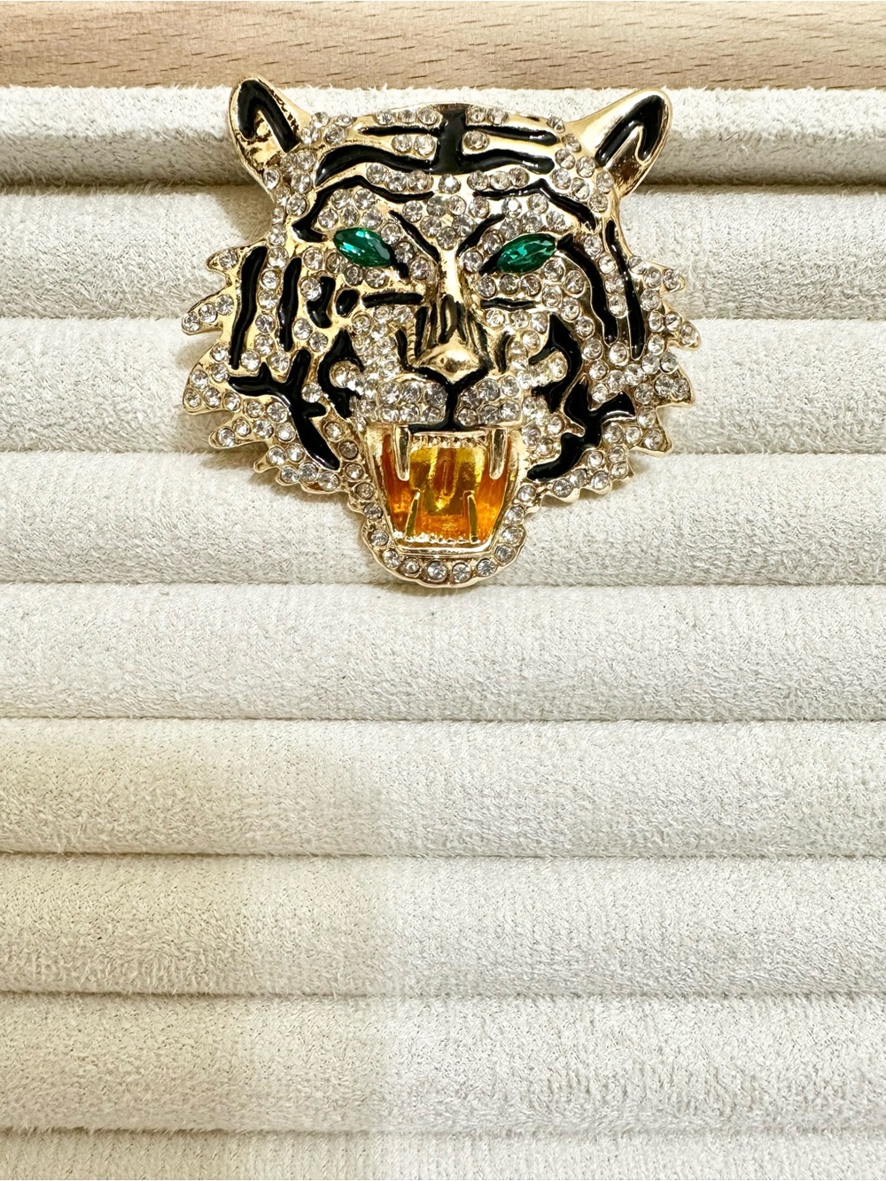 StunnGold Plated Crystal Tiger Head with Black Enameling, and Green Crystal Eyes